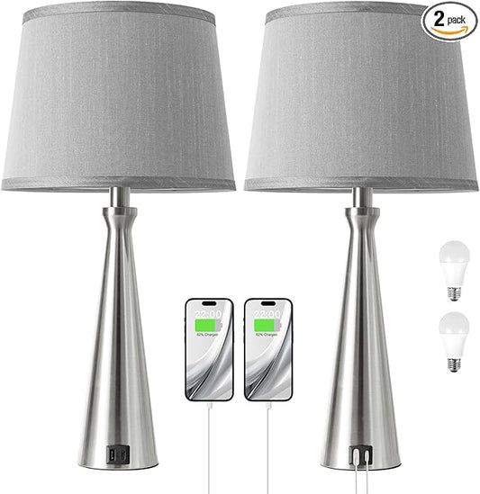 Seealle Modern Table Lamps Set of 2 - Touch Bedside Lamp for Nightstand with Dual USB C+A,3-Way Dimmable Silver Nightstand Lamps for Living Room Bedroom End Table with Grey Shade(Bulb Included)
