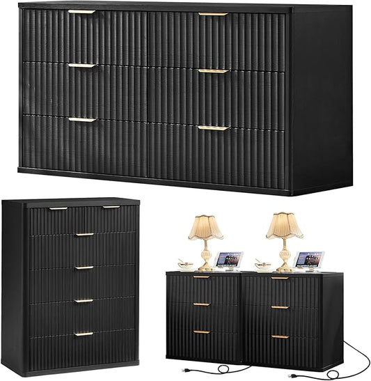 LEYAOYAO Fluted Dressers & Nightstand Set of 4, Wood 48" Wide Dresser & 42" Tall Chest of Drawers,Modern Bedroom Furniture Sets, Black Wooden Nightstand Set of 2 with 3 Drawers & Charging Station