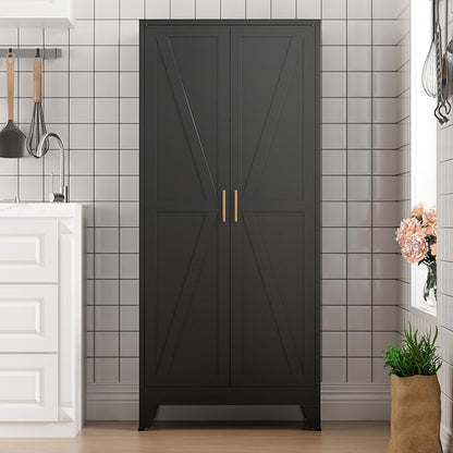 COFaR Black Farmhouse Storage Kitchen Pantry Cabinet with 2 Barn Door, 3 Adjustable Shelves and Legs, for Cupboard/Dining Room/Bathroom/Living Room/Office/Laundry Room (Black, 61" Farmhouse)