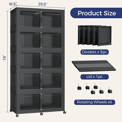 200GAL Storage Bins with Lid and Wheels, Stackable Closet Organizers and Storage Drawer, Collapsible Storage Box with Dividers, Foldable Plastic Cabinets for Room, Kitchen, 5 Pack Black