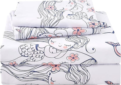 JSD Mermaid Girls Sheet Set Twin Size, 3 Piece Ocean Theme Microfiber Kids Bed Sheets Deep Pocket