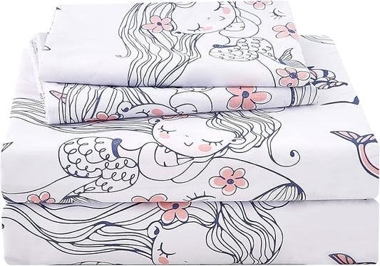 JSD Mermaid Girls Sheet Set Twin Size, 3 Piece Ocean Theme Microfiber Kids Bed Sheets Deep Pocket