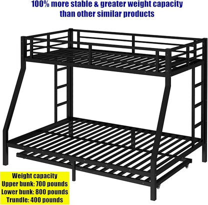 TSAMPA Latest Upgraded & Stronger Metal Bunk Bed Twin Over Full Size, More Stable & Safer Steel Heavy Duty Bunkbed Frame with Twin Size Trundle (Twin Over Full)