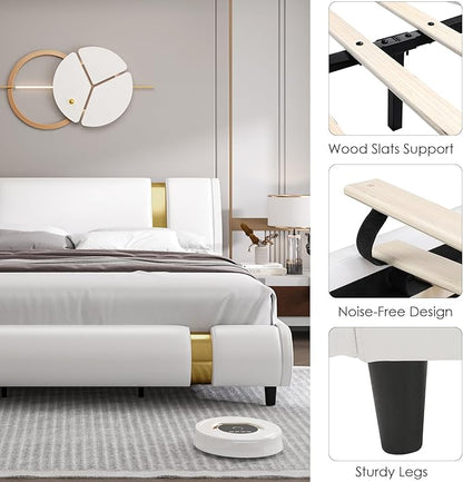 TTVIEW Modern Faux Leather Upholstered Platform Bed Frame with Golden Iron Metal Decor, Adjustable Curved Headboard, Wooden Slats Support, No Box Spring Needed, Queen Size, White