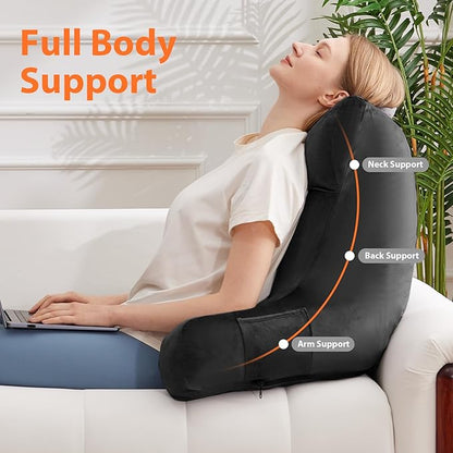 IPYNBAP Reading Pillow with Arms for Adult, Back Pillow for Bed Sitting Up, Shredded Memory Foam Backrest Pillow with Pockets & Removable Washable Cover, Lounging, Watching TV, Reading(24inch Black)