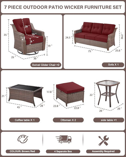 Belord 7 Piece Patio Furniture Set - High Back Swivel Rocker Glider Outdoor Chairs with 3-Seat Sofa and Ottoman, All-Weather Removable 6" Red Cushion for Patio Conversation and Family Reunion