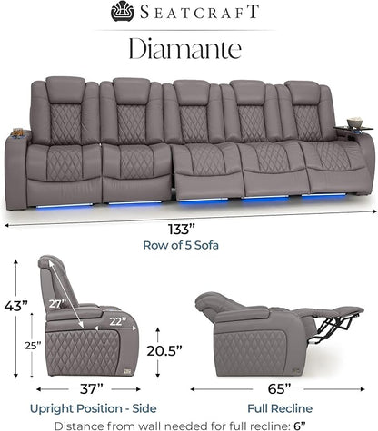 Seatcraft Diamante Zero-Gravity CoolZero Italian Leather Home Theater Seating, Power Headrest, Power Recline, Row of 5 Sofa, Gray