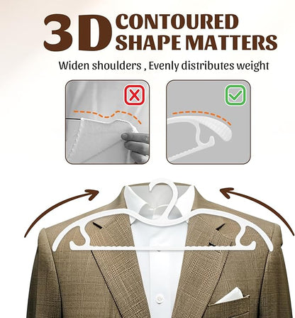 24 Pack Upgraded Short Neck Vertical Space Saver Hangers Heavy Duty Wide Shoulder Clothes Hangers Built-in Dual Hooks Wave Pattern Non-Slip Plastic Hangers for Coats Suits Dresses Pants - White