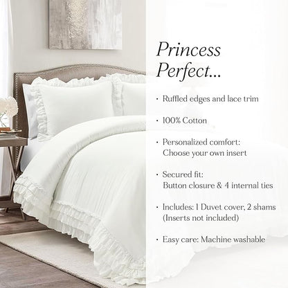 Lush Decor Ella Ruffle Lace 100% Cotton Duvet Cover, 3 Piece Set, Full/Queen, White - Cute Comforter - Queen Bedding Set - White Bedding Full Size - Coquette Decor - Neutral Lace Trim - Ruffle Trim