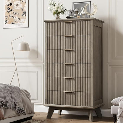 QUW Fluted 6 Drawer Dresser for Bedroom, Modern Tall Chest of Drawers with Metal Handle, Large Wood Storage Chest Organizer Accent Storage Cabinet for Living Room, Hallway, Entryway, Gray