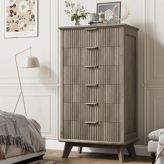 QUW Fluted 6 Drawer Dresser for Bedroom, Modern Tall Chest of Drawers with Metal Handle, Large Wood Storage Chest Organizer Accent Storage Cabinet for Living Room, Hallway, Entryway, Gray