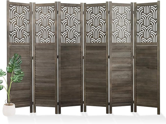 Svimi Folding Room Divider, 66.9 Inch 6 Panels Wood Carved Privacy Screens, Free Assembled Freestanding Portable Separation Wall for Home Office Restaurant Bedroom (Gray)