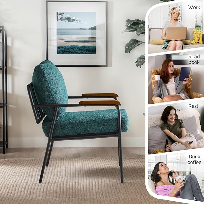 VINGLI Mid-Century Modern Accent Armchiar for Small Space, Small Comfy Upholstered Leisure Reading Chair with Wood Armrest for Bedroom, Living Room, Waiting Room, Linen Dark Green