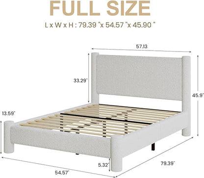 Full Size Bed Frame, Boucle Upholstered Platform Bed with Headboard and Footboard, Soft Rounded Corners, No Box Spring Required, Easy Assembly, White