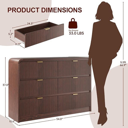 FURSUN Fluted 6 Drawers Dresser for Bedroom, 54" Wide Wooden Dresser with Metal Handle, Curved Profile Design, Modern Storage Organizer for Bedroom, Living Room, Hallway, Walnut