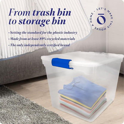HOMZ 4-Pack 31 Quart Latching Lid, Clear Plastic Storage Organizer Bins, Blue – Stackable Containers for Home & Office Shelves, Kitchen, Garage, and Bathroom Organization