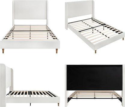 Queen Size Upholstered Bed Frame, Harper 54" Tall Headboard Platform Beds, Wingback Headboard Bedframes/No Box Spring Needed/Easy Assembly/Elegant Simplicit, Ivory Chenille