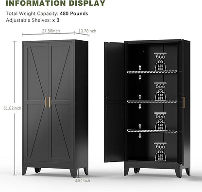 COFaR Black Farmhouse Storage Kitchen Pantry Cabinet with 2 Barn Door, 3 Adjustable Shelves and Legs, for Cupboard/Dining Room/Bathroom/Living Room/Office/Laundry Room (Black, 61" Farmhouse)
