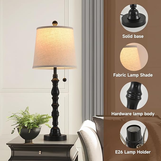 Terpsichore Lamps for Living Room Modern Farmhouse Table Lamp Bedside Reading Lamps Set of 2 Night Stands Bedroom Night Lamp,with Fabric Lamp Shade (Black, High 26.25 Inch)