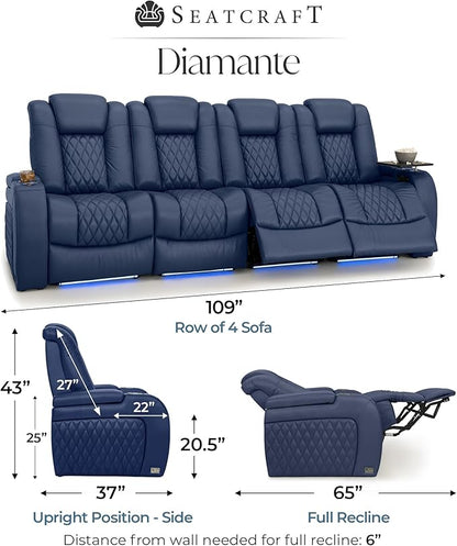 Seatcraft Diamante Zero-Gravity CoolZero Italian Leather Home Theater Seating, Power Headrest, Power Recline, Row of 4 Sofa, Navy Blue