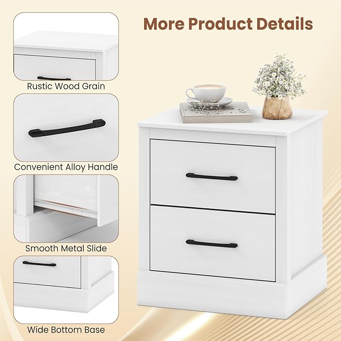 Giantex Modern Nightstand Set of 2, Wood Bedside Table with 2 Storage Drawers, Compact Floor Night Stand End Table, White Accent Sofa Side Table for Bedroom