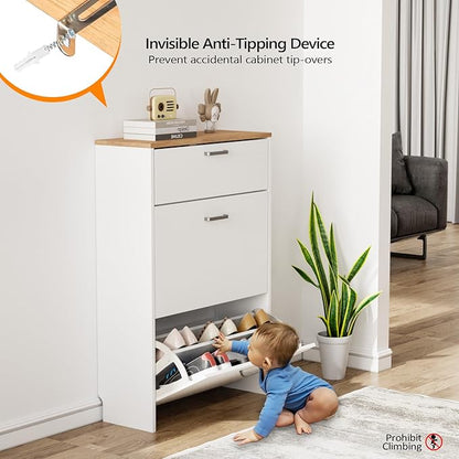 VINGLI Shoe Cabinet Storage for Entryway Ultra Slim with 2 Flip &1Drop-Down Drawers, 24.8" W Narrow Shoe Cabinet for Front Door Entrance,Freestanding Modern White Wood Shoes Organizer for Hallway