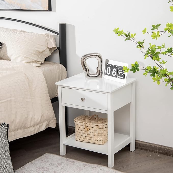 Giantex Nightstand Set of 2, Wood End Table with Drawer and Open Shelf, Night Stand for Small Spaces, 2-Tier Bedside Table for Living Room Bedroom Dorm, Easy Assembly, White