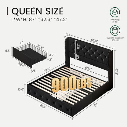 LARMACE Queen Size Bed Frame with 4 Storage Drawers and Wingback Headboard Upholstered Platform Beds Velvet Tufted Bed Frame with Wooden Slats Support, Easy Assembly, Black
