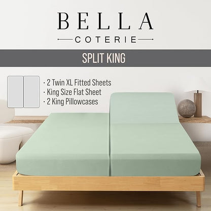 Bella Coterie Luxury Bamboo Viscose Split King Size Sheet Set | 2 Fitted Sheets for Sleep Number & Adjustable Beds | 100% Organically Grown | Cooling & Ultra Soft | 18” Deep Pocket [Sea Glass]