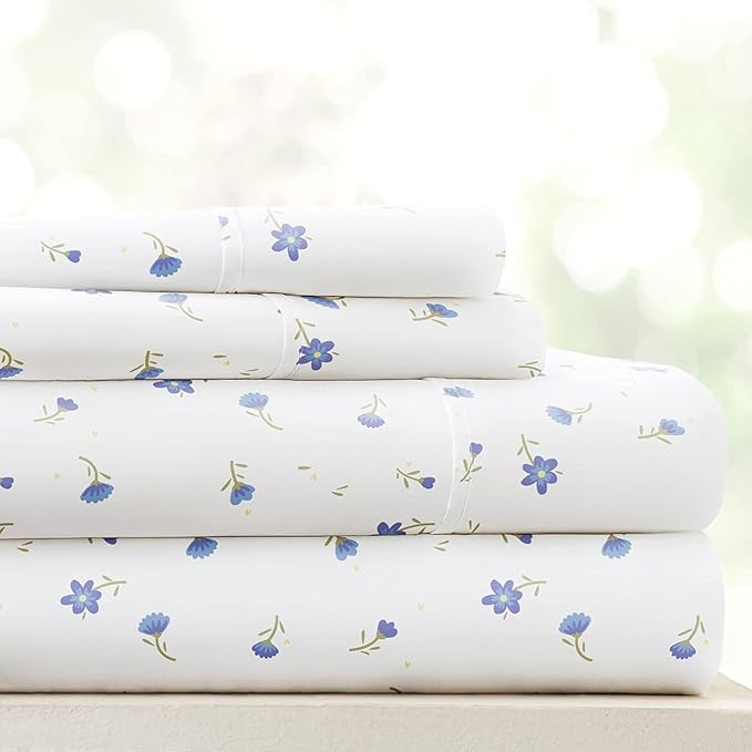 Linen Market Double-Brushed Patterned Microfiber Full Sheet Set 4 Piece – Oeko-TEX Certified Ultra Soft & Wrinkle-Free - 16" Deep Pocket Sheets - Easy Care Full Size - Soft Floral Light Blue