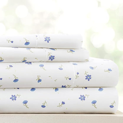 Linen Market Double-Brushed Patterned Microfiber Full Sheet Set 4 Piece – Oeko-TEX Certified Ultra Soft & Wrinkle-Free - 16" Deep Pocket Sheets - Easy Care Full Size - Soft Floral Light Blue