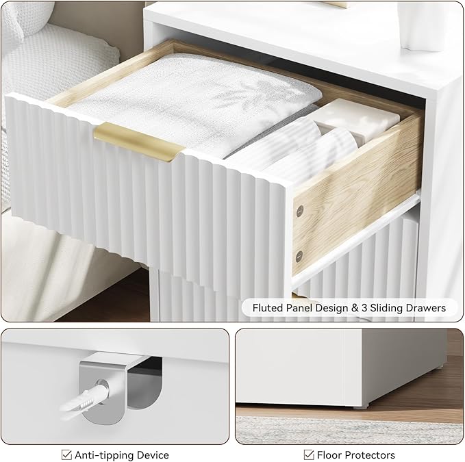 7 Drawer Dresser & Nightstand Set, 3-Piece White Fluted Dresser and Night Stand Set of 2 with Metal Handle, Modern Wood Chest of Drawers Storage Dressers Set for Bedroom, White