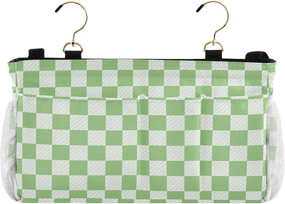 Bedside Caddy Hanging Bunk Bed Caddy Bed Organizer Hanging Pocket with 2 Hooks Bedside Storage Organizer Pocket Bag Holder Checkered Light Green