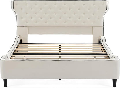 Christopher Knight Home Salus Linen Upholstered Queen Size Bed Frame with Headboard, Modern Queen Bed Frame and Headboard, Wooden Slats Support, Easy Assembly, No Box Spring Needed, Beige