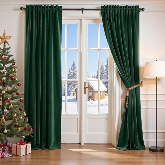 Lazzzy Velvet Blackout Curtains Thermal Insulated Room Window Drapes Super Soft Luxury Curtains for Living Room Bedroom Rod Pocket 2 Panels, Emerald Green, 62" W x 108" L