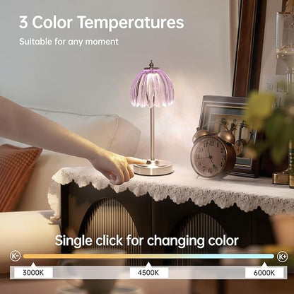 Tulip Table Lamp with 5200mAh Battery & Touch Control, Cordless Small Table Lamp with 3 Colors, Dimmable Rechargeable Table Lamps for Living Room, Bedroom, Desk, Bedside (Clear Purple Tulip)