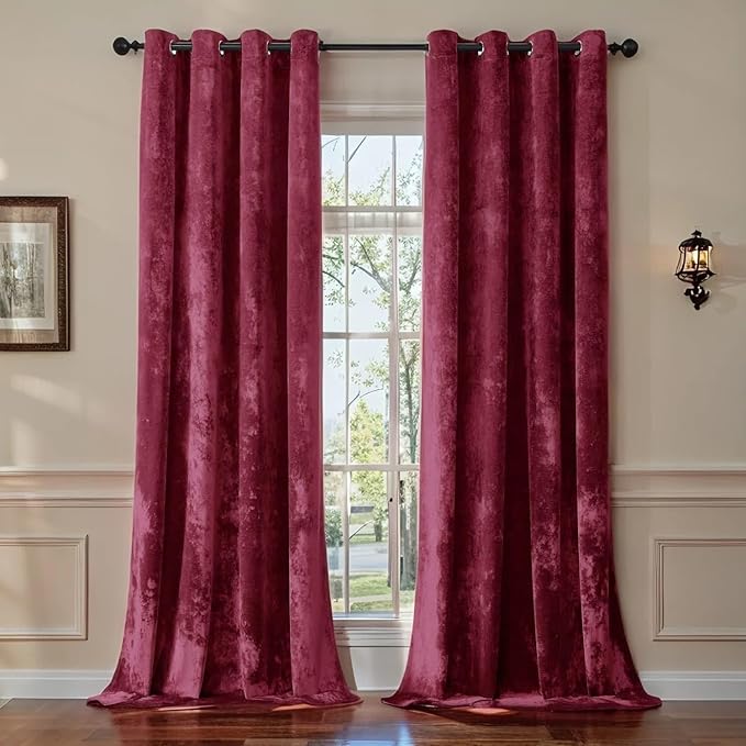 SMILETIME Burgundy Red Crushed Velvet Curtains 52x90 inch Luxurious Thermal Insulated Soundproof Drapes for Living Room Bedroom Office Soft and Durable Light-Filtering Window Treatments, 2 Panels