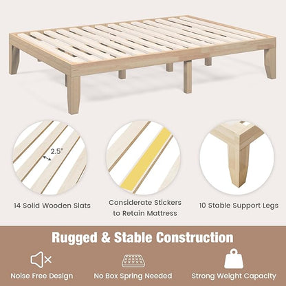 Giantex 14 Inch Full Wood Platform Bed Frame, Minimalist Style Mattress Foundation with Solid Rubber Wood, Heavy Duty Slat Support, Without Headboard, Easy Assembly, No Box Spring Needed, Natural