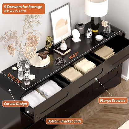 4 Piece Bedroom Set, Dresser and Nightstand Sets, Modern Wooden Large 9 Drawers Dresser and Tall 6 Drawer Dressers & Night Stand Set of 2 for Bedroom, Black