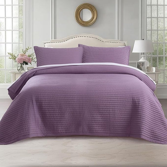 Oversized King Quilt Set 112"x106" – Soft Washed 3-Layer Lightweight California King Bedspread, Minimalist Nordic Design, All-Season Quilt Bedding (1 Quilt + 2 Pillow Shams), Grape Jam Purple