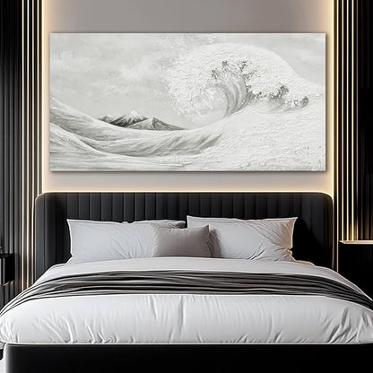 YETHEN WAL Neutral Grey & White Wave Wall Art – Textured Minimalist Canvas Print, Modern Coastal Decor for Hallway Entryway Bedroom, 20×40 Inch