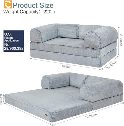 COMAX Folding Sofa Bed Queen, Foldable Couch Bed, Fold Out Futon Chair Sleeper for Adults, Convertible Floor Mattress Sofa for Bedrooom Living Room, Snow Light Grey