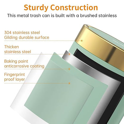 Mini Trash Can with Lid, Desktop Small Trash Can Recycling Bin Cute Metal Garbage Can for Tabletop Countertop Use,Stainless Steel 0.4Gal/1.5L Waste Bin for Office Parlor Car Bedroom,Light Green
