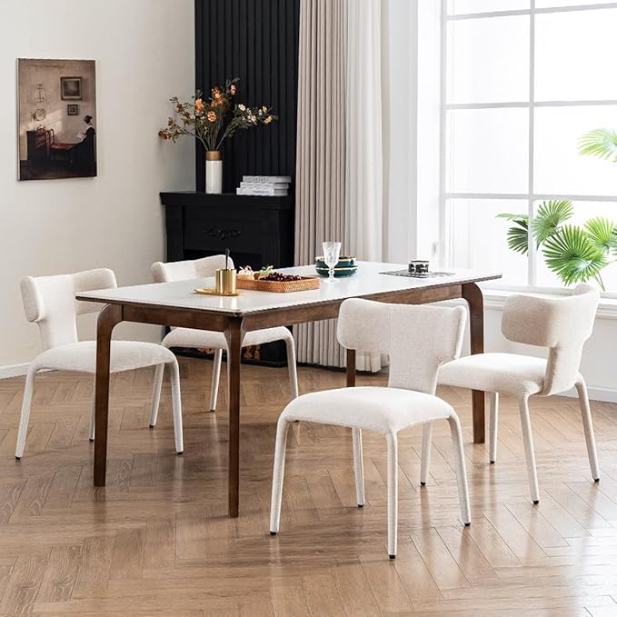 Kidol & Shellder Dining Chairs Set of 6,Modern Upholstered Fabric Dining Room Chairs with Curved Barrel Back,Armless Kitchen Chairs with Metal Legs and Padded Seat for Living Room and Bedroom Beige