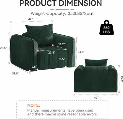 Oversized Boneless Corduroy Accent Chair, Comfy Deep Seat Armchair for Bedroom, Modern Upholstered Living Room Sofa Chair with Pillow, No Assembly, Green