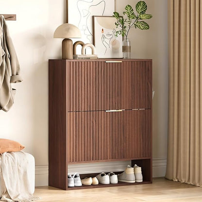 Garvee Fluted Shoe Storage Cabinet, Slim Hidden Shoe Rack Cabinet with 2 Flip Drawers & Bottom Open Shelf, Freestanding Entryway Organizer, Perfect for Closet, Hallway, Foyer, Walnut