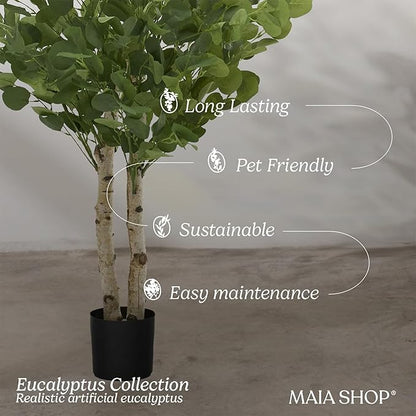Maia Shop 3ft 5in Artificial Eucalyptus Tree Plant for House, Apartment or Office – Realistic Fake Indoor Plants for Living Room, Kitchen, Bedroom, Entryway or Bathroom – Faux Greenery for Home Décor