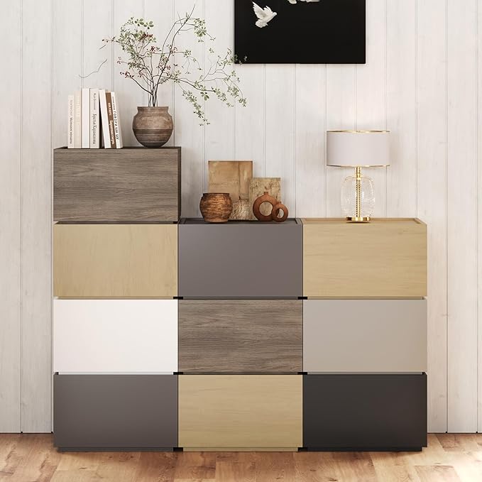 Stackable Storage Drawers, Wooden Drawer Storage Organizer, Modern Nightstands with Wooden Drawers, Small Storage Cabinet, Modular Design, Available in 2 Sizes for Versatile Use Grey Large
