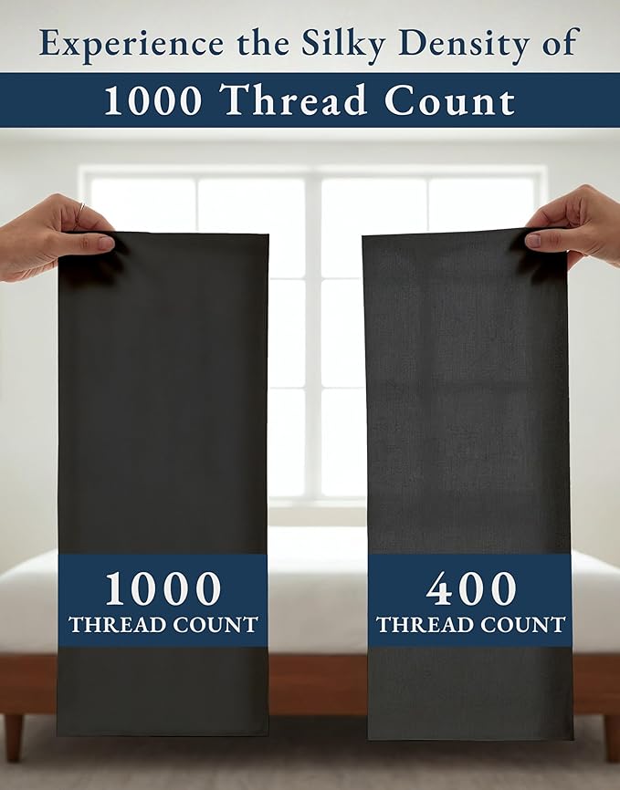 100% Egyptian Cotton Sheets Queen Size Bed Set – 1000 Thread Count Naturally Cooling & Breathable Sateen Queen Sheets Set, Long-Staple Cotton for Lasting Softness, Snug Fit 15" Deep Pocket - Black