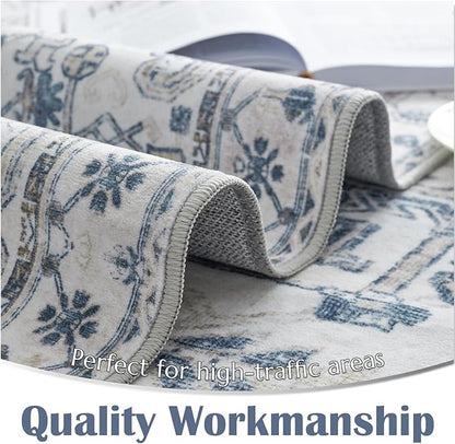 jinchan Lima Hallway Runner Rug 2x10 Washable - Vintage Floral Non Slip Low-Pile Soft Ultra-Thin Faux Wool Kitchen Rug Distressed Carpet Runner for Farmhouse Bedroom Laundry (2x10ft, Blue)